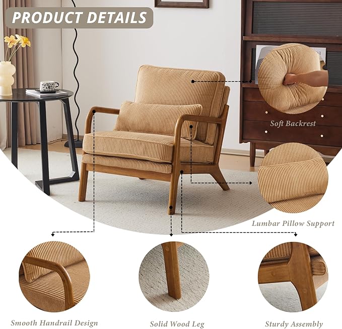 Karl home Mid-Century Modern Accent Chair, Living Room Chairs with Pillow Upholstered Lounge Armchair with Solid Wood Frame & Soft Cushion for Bedroom, Reading Room, Corduroy Khaki (Low Back)
