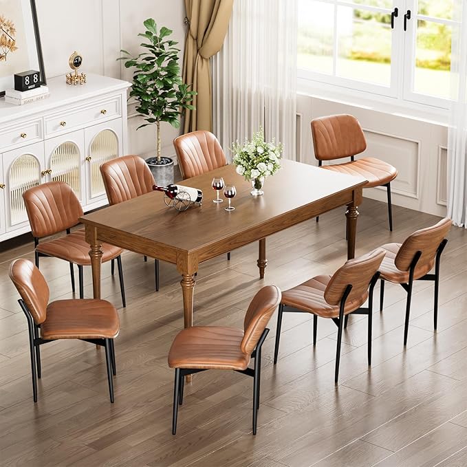 YaFiti Dining Chairs Set of 6, Dining Room and Kitchen Chairs, Mid Century Modern Accent Chair, Upholstered PU Leather Chairs for Vanity with Walnut Bentwood and Metal Legs, Light Tan