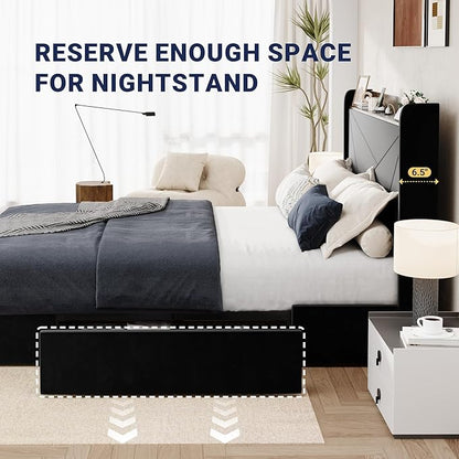 Allewie Queen Size Velvet Bed Frame with 3 Storage Drawers, Upholstered Platform Bed with Wingback Storage Headboard and USB Ports, No Box Spring Needed, Easy Assembly, Black