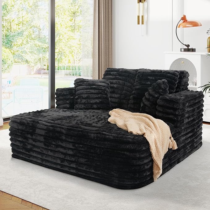 56"W Oversized Chaise Lounge Chair Indoor,Plush Faux Fur Sleeper Sofa Couch Bed with Pillows&Wide Armrest,Fluffy Comfy Cloud Sofa,Compression Foam Boneless Couch for Living Room,Bedroom(Black)
