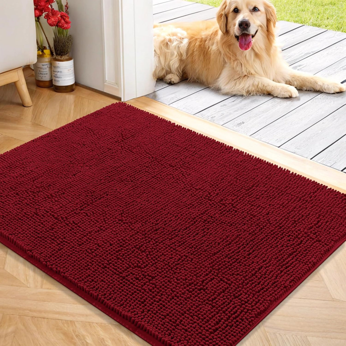 OLANLY Dog Door Mat for Muddy Paws 40x32, Absorbs Moisture and Dirt, Absorbent Non-Slip Washable Doormat, Quick Dry Chenille Mud Mat for Dogs, Entry Indoor Entryway Carpet for Inside Floor, Red