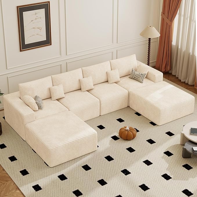 146" Modular Sectional Sofa, Convertible U-Shaped Cloud Couches for Living Room with Ottoman, 6 Seater Corduroy Boneless Couch Sofa Set, No Assembly Required, Beige 1 PCS