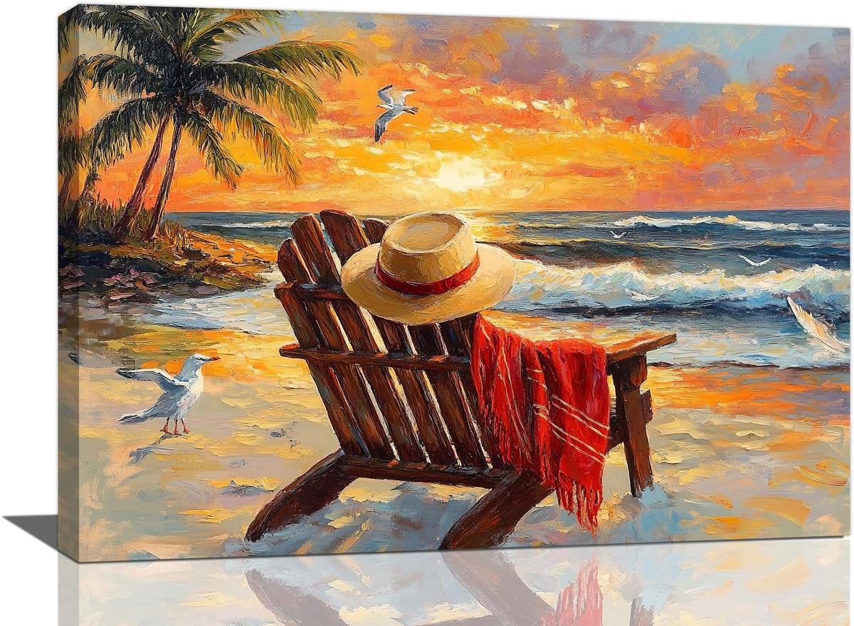 Beach Coastal Bathroom Pictures Wall Art, Seaside Ocean Bathroom Wall Decor, Sunrise Palm Framed Painting Canvas Artwork for Bedroom Living Room Decorations 24"L x 16"W