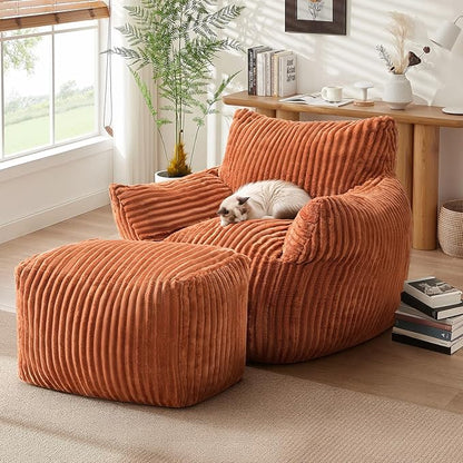 JULY'S SONG Bean Bag Chair with Ottoman for Adults, Fluffy Orange Lazy Couch Sofa Chair with Armrests for Living Room, Bedroom & Dorm