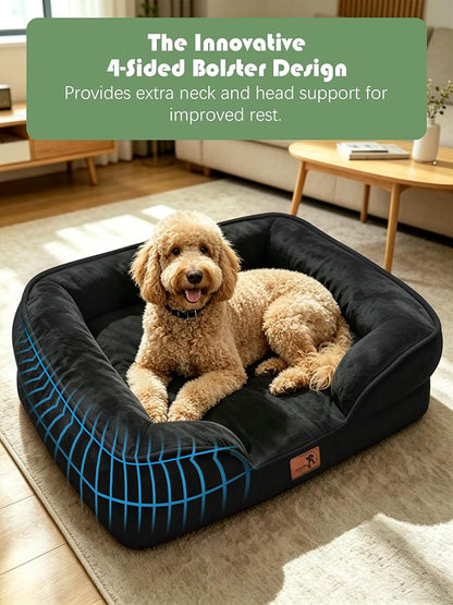 Spotted Play Orthopedic Dog Bed with Sides - Sofa Beds for Large Dogs, Supportive Foam Pet Couch Bed with Washable Removable Cover, Waterproof Lining and Non-Slip Bottom, Black - L-Plus
