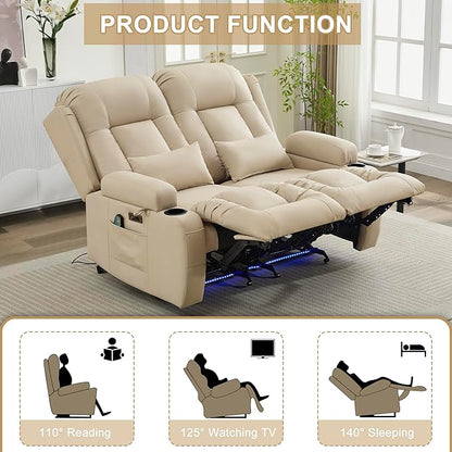 URRED Loveseat Recliner Sofa with Massage and Heat, Power Reclining Loveseat Sofa RV Couch Home Theater Seating with LED Lights, Cup Holders, Side Pockets, USB, Pillows, Leathaire Beige