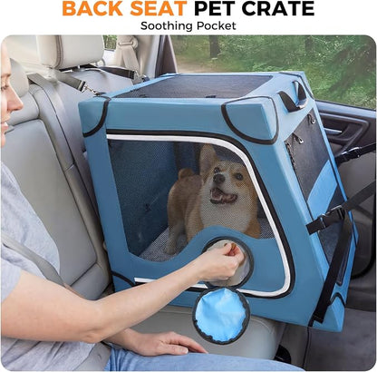 Snagle Paw Portable Dog Crate for Car Travel,Metal Frame Pet Crate,Pet Carrier for Car Back Seat Secures with Headrest Strap and Seatbelt,M