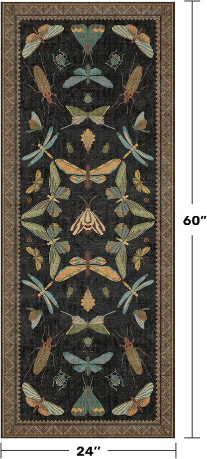 2x5 Black Washable Kitchen Runner Rugs Non Skid Washable - Gothic Runner Rug for Entryway, Kitchen, Insect Print Stain Resistant Indoor Décor