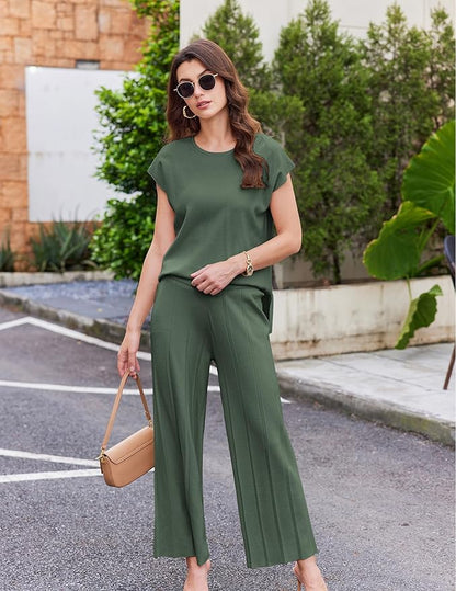 Ekouaer Lounge Sets for Women Two Piece Outfits Knit Cap Sleeve Tops Wide Leg Pleated Pants Casual Dressy Sweater Sets