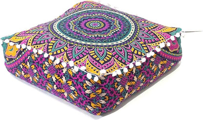 CRAFT KALA Large Hippie Mandala Meditation Floor Ottoman Pillow Cushion Pouf Cover Square Poufs Bohemian Circle Floor Cushion Case Outdoor Fireplace Yoga Living Room Decor Cover New Pink, 16" Square