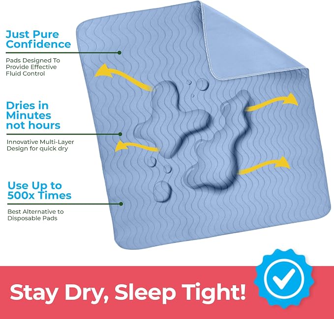 Utopia Bedding Washable Underpads 34" x 36" (Pack of 6), Waterproof Reusable Heavy Absorbency Incontinence Bed Pads for Adults, Kids, Elderly and Pets, Bedwetting Pads for Sofa and Couch (Blue)
