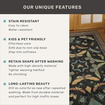 Large Black Rug for Living Room - Area Rugs 9x12 Dining Room Table, Large Bedroom Under Bed, Unique Insect Bug Home Décor, Foldable Soft Stain Resistant