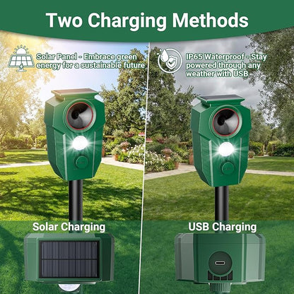 Solar Ultrasonic Animal Repellent with Motion Sensor & LED Lights – Waterproof Outdoor Deer Repellent Device for Yard, Garden & Lawn – Effective Against Cats, Coyotes, Raccoons & Dogs