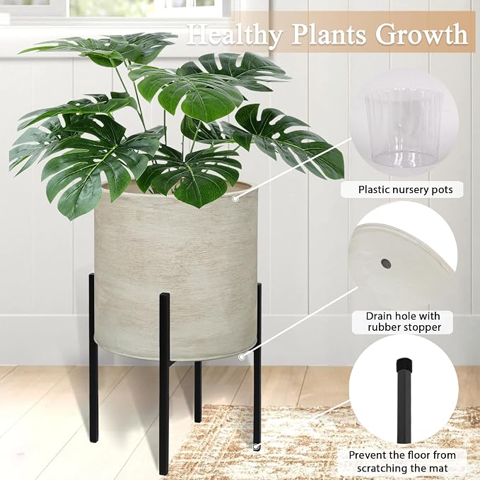 ARNIS Modern Plant Pots, Large Planters with Stand, Set of 2 Decorative Planters, Metal Pots with Drainage Holes for Living Room, Office, Garden or Balcony, 10.5 &12.55 Inch, Dirt