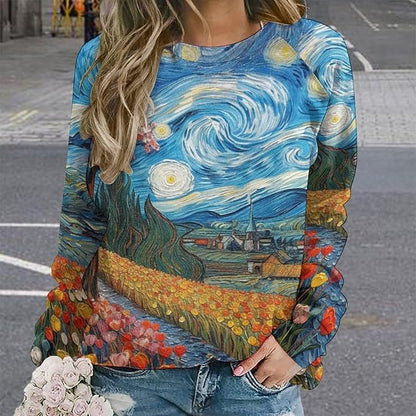 Long Sleeve Shirts for Women Cat Oil Painting Shirt 3D Graphic Sweatshirts Fall Pullover Crewneck Vintage Boho Tops