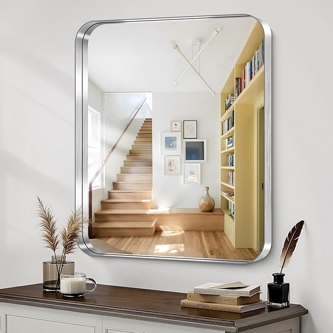 CIRCUMI Silver Bathroom Mirror, Rounded Corner, Tempered Glass, Mirror
