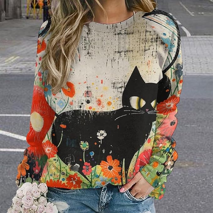 Long Sleeve Shirts for Women Cat Oil Painting Shirt 3D Graphic Sweatshirts Fall Pullover Crewneck Vintage Boho Tops