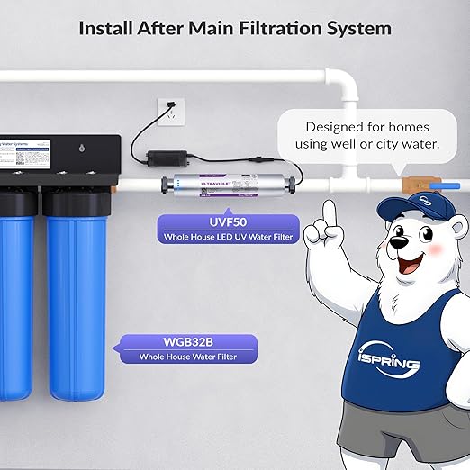 iSpring UVF50 LED UV Water Filter System, Whole House Ultraviolet Water