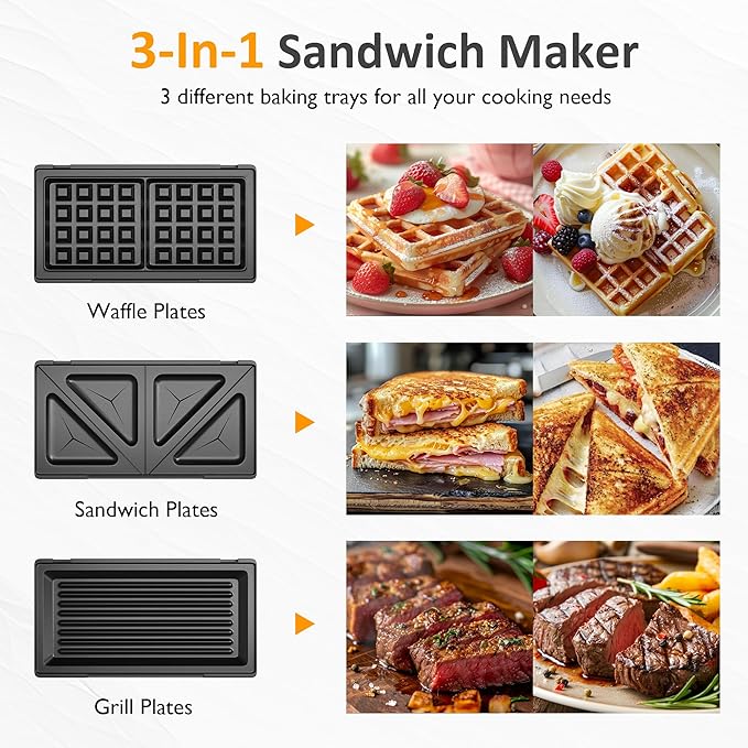 Sunvivi 3 in 1 Sandwich Maker, Electric Waffle Maker