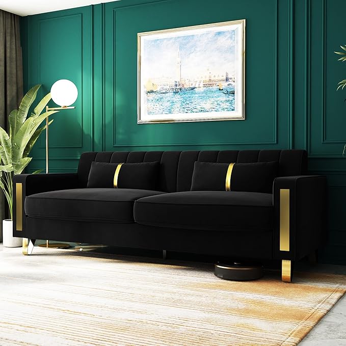 Couch 85.62" 3 Seats Sectional Velvet Fabric Sofa Easy Assemble Sofa Bed with 2 Couch Pillows,Gold Metal Legs for Living Room (P17, Black)