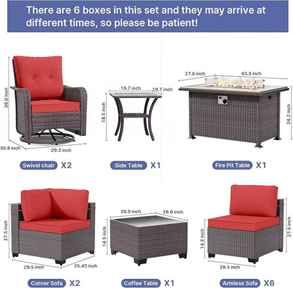 Gotland 13 Pieces Patio Furniture Set with Fire Pit Table Swivel Chairs, PE Rattan Outdoor Furniture Set with 29.5'' High Backrest 4’’ Thick Cushions Coffee Table, Patio Set for Porch, Deck, Red