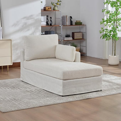 KEIKI 60" Chaise Lounge Chair Indoor, Modern Deep Seat Sofa Bed, Corduroy Couch with Cushions, Single Sleeper Chair for Living Room, Bedroom, Apartments, Ivory (Right Side)