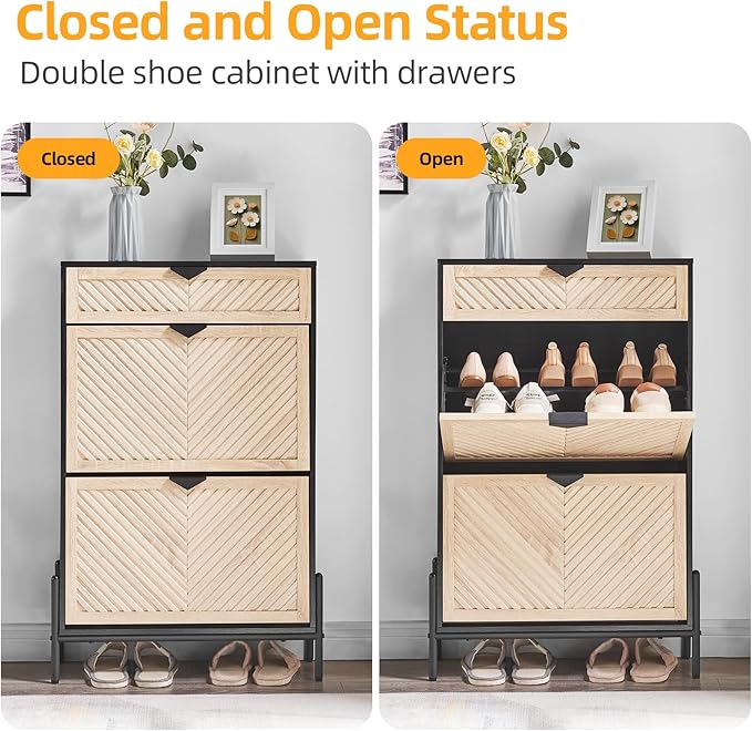 Shoe Cabinet Storage with 2 Flip Drawers, Narrow Hidden Shoes Organizer Cabinet