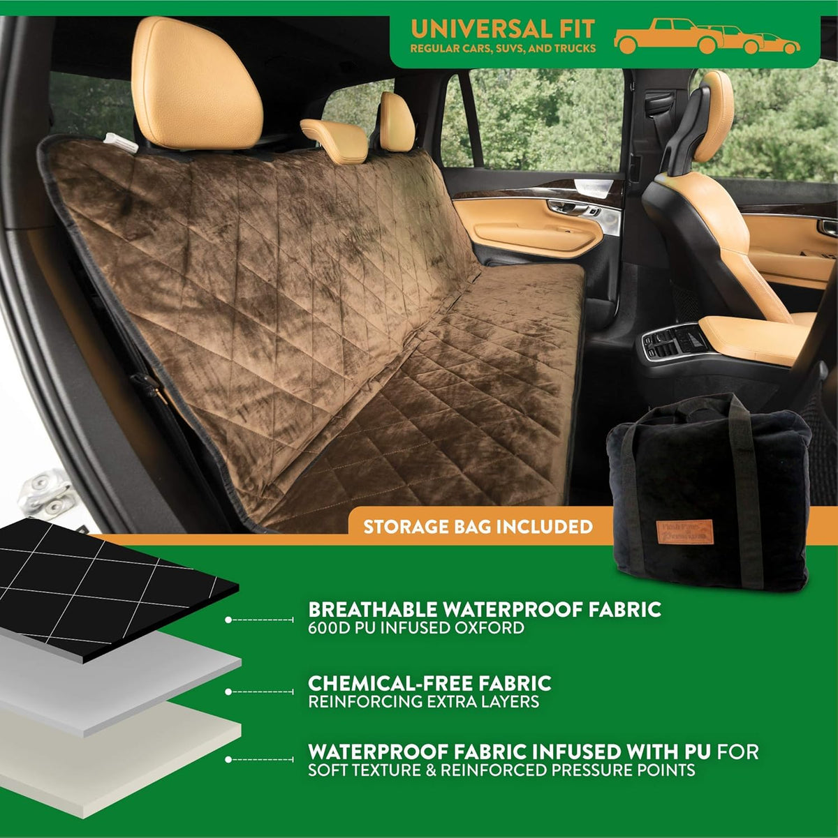 Plush Paws Products Velvet Rear Car Seat Protector w/o Hammock | Washable & Waterproof Back Seat Dog Cover for Car, Truck, & SUV | Nonslip, Tear Resistant Pet Seat Cover | X-Large Chocolate