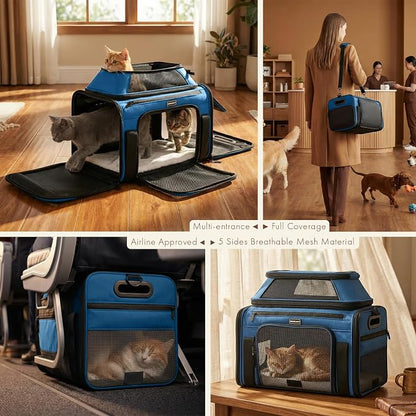 Top-Expandable Pet Carrier with Treat Pet Window,17x11x9.5 Airline Approved | for Alaska Hawaiian,Soft-Sided Dog Carrier, Anti-Scratch Mesh, Lockable Zippers,Cat Carrier for Kitten,Rabbit,Puppy,Blue