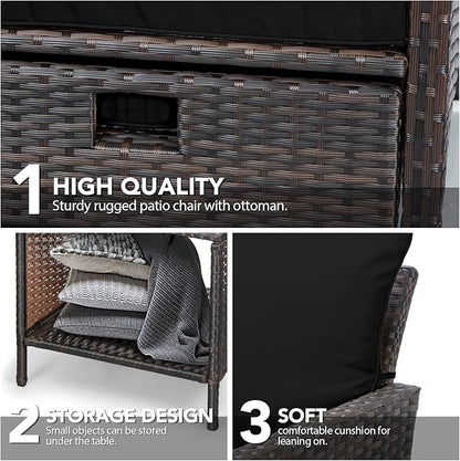 LEVELEVE Balcony Furniture 5 Piece Patio Conversation Set, PE Wicker Rattan Outdoor Lounge Chairs with Soft Cushions 2 Ottoman&Glass Table for Porch, Lawn-Brown Wicker（Black