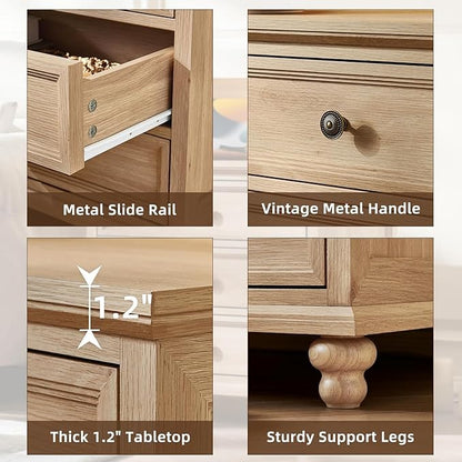 24" Wide Farmhouse Nightstand with Charging Station Set of 2, 37" Tall Rustic Chests of Drawers w/ 4 Solid Wood Feet, Farmhouse Furniture Series for Living Room,Bedroom,Wood