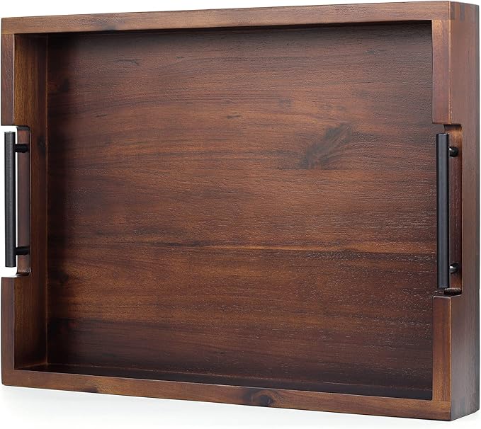 Ottoman Tray, Acacia Wood Serving Tray with Metal Handles, 16.5x12.5in Food Drinks Tray for Coffee Table, Breakfast, Dinner & Bar, Rustic Decorative Storage Tray for Ottoman, Kitchen, Packaging