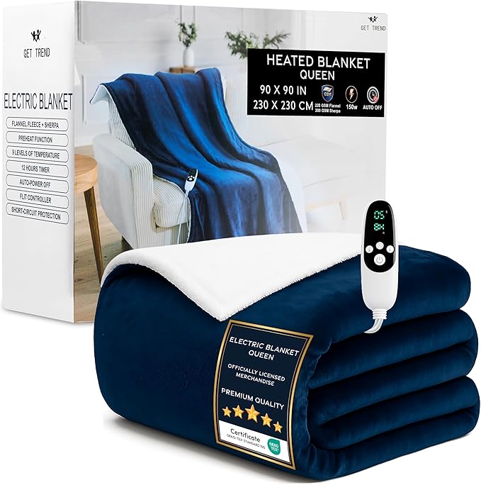 Heated Blanket Electric Luxurious Fleece Queen Blanket, 9 Heat Settings & 12H