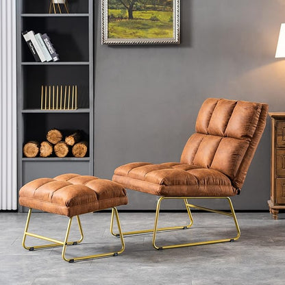 MCombo Accent Chair with Ottoman Set, Modern Armless Chair for Living Room, Bedroom, Small Space 4013 (Heat-Stamped Fabric, Saddle)