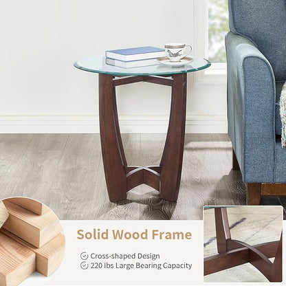LKTART Glass End Table, 23.5" Round Side Tables with Tempered Glass Top Cross and Solid Wood Base Small Night Stand for Living Room Office Apartment Cherry