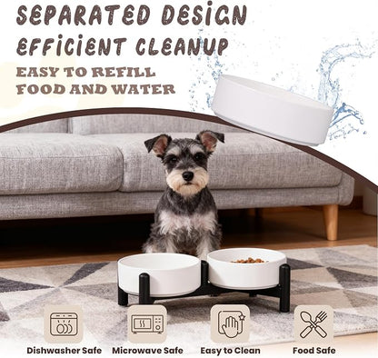 Raised Ceramic Dog Bowl Set with Stand, 2.1 Cups Elevated Dog Food Stand | 6'' Double Dog Food and Water Bowl Set, Non-Slip Dog Feeding Dishes for Small Breeds and Cats, 14 OZ, White