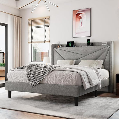 Full Size Upholstered Bed Frame with Charging Station, Platform Bed Frame with Storage Headboard, Solid Wood Slats Support, No Box Spring Needed, Light Gray