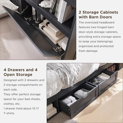 ACCOHOHO King Bed Frame Farmhouse with 52" Storage Bookcase Headboard, 4 Drawers Wooden Bed Frame, LED Light, Charging Station - Black