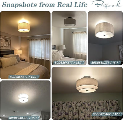 2 Light Semi Flush Mount Ceiling Light Fixture 12.6 Inch Modern Gold Drum Lights Fixture with 2-Layer Fabric Shade Dimmable Close to Ceiling for Living Room Hallway Bedroom Entryway