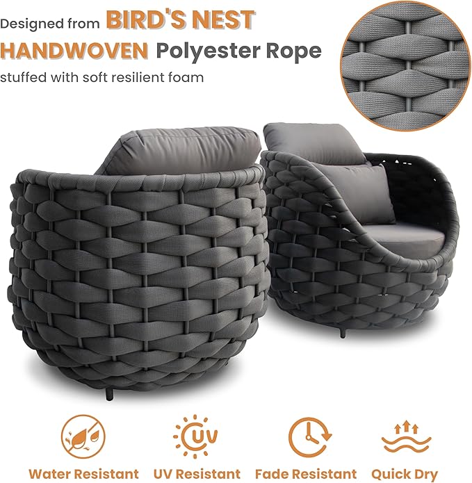 Erotr Aluminum Patio Furniture Set of 4: Woven Rope Outdoor Conversation Sofa Set Assembled - Modern Cushioned Armchair Couch Set for 660lbs Porch Deck Backyard Poolside Drawing Room Hotel, Dark Gray