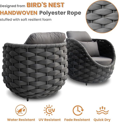 Erotr Aluminum Patio Furniture Set of 4: Woven Rope Outdoor Conversation Sofa Set Assembled - Modern Cushioned Armchair Couch Set for 660lbs Porch Deck Backyard Poolside Drawing Room Hotel, Dark Gray