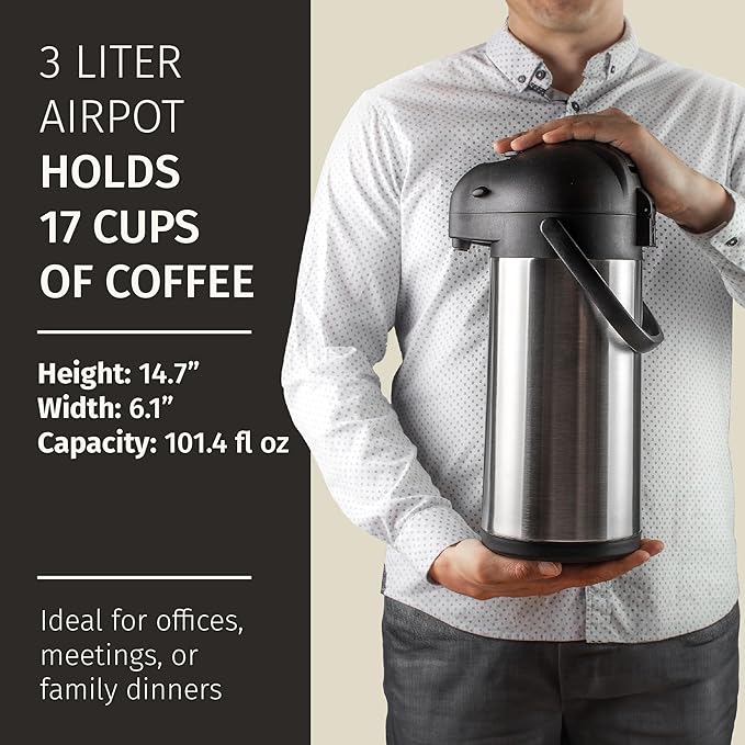 Airpot Coffee Dispenser with Pump & Tray - 102oz/3L Coffee Carafe with Pump -