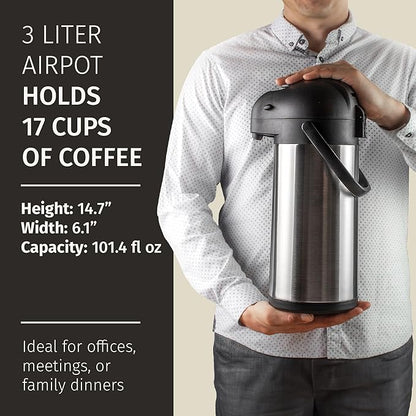 Airpot Coffee Dispenser with Pump & Tray - 102oz/3L Coffee Carafe with Pump -