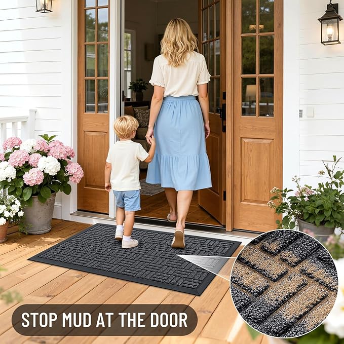 OLANLY Front Door Mat Outside Entrance 59x34, Absorbent, Heavy Duty Sturdy Natural Rubber Doormat Indoor Outdoor, Non-Slip, Stain and Fade Resistant, Low Profile Floor Mat for Entryway, Black Gray