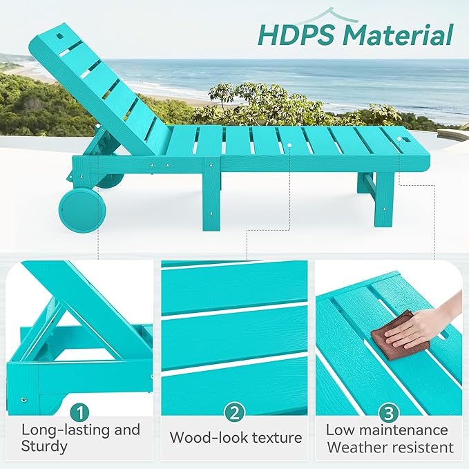 Homenjoy Outdoor Chaise Lounge Chairs Set of 4, 26.8” Super Wide Lounge Chair Outdoor, HDPS Pool Chairs with 5 Positions, Patio Lounge Chair with Wheels for Pool,Lawn,Backyard, Aruba Blue