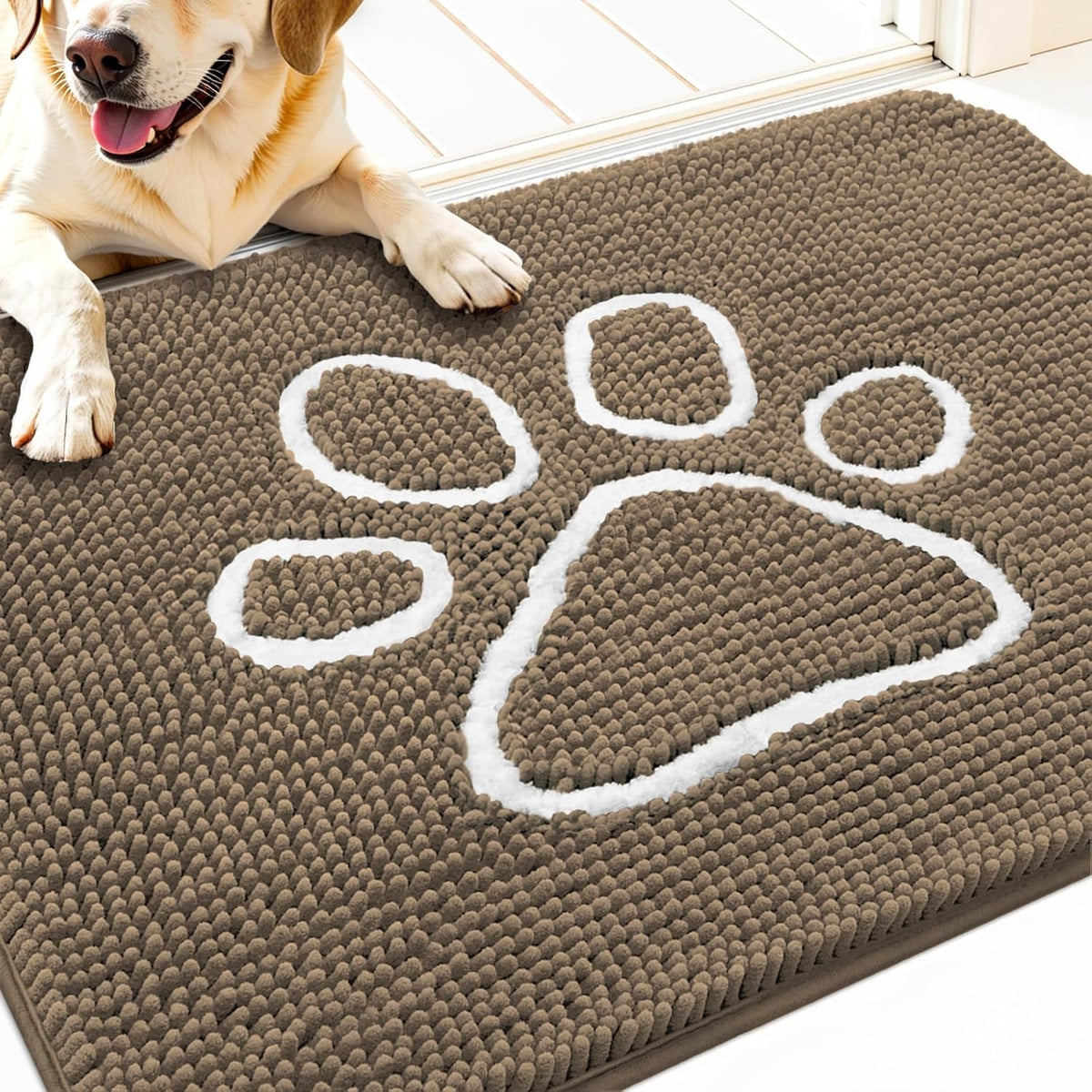 OLANLY Door Mat for Muddy Dog Paws 30x20, Ultra Absorbent Chenille Mud Doormat with Paw Print Design, Non-Slip Washable Doormat for Indoor Entryway, Quick-Dry Pet Bed Mats for Dirty Dogs, Tan