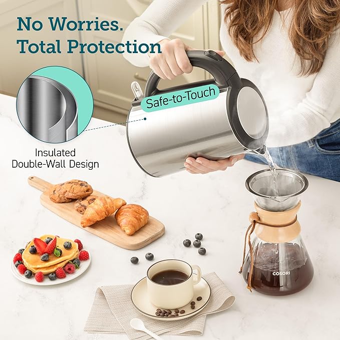 Cosori Electric Kettle, No Plastic Inner Lid, Filter & Spout, Stainless Steel