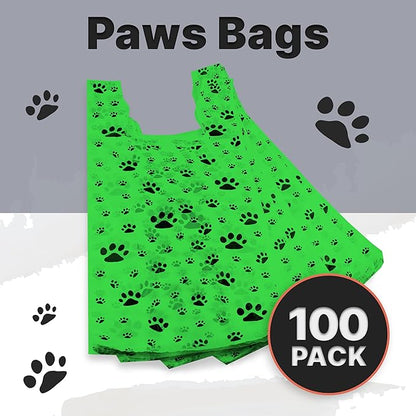 T-Shirt Bags – Paw Print Design Green Color - 100 Pack - Thank You & Shopping Bags - Cat or Dog - 22" L x 12" W x 7" Plastic