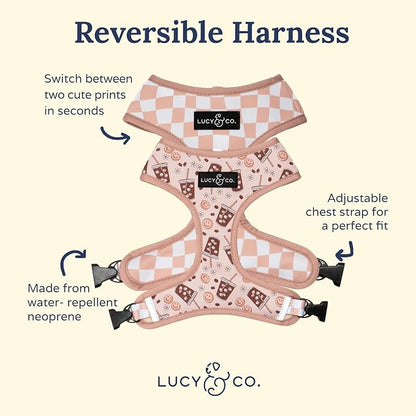 Lucy & Co. Reversible Dog Harness - Water-Repellent Neoprene, Dual-Print Design, Easy Swap Style, Adjustable Comfort Fit - Iced Coffee SZN Reversible Harness - Large