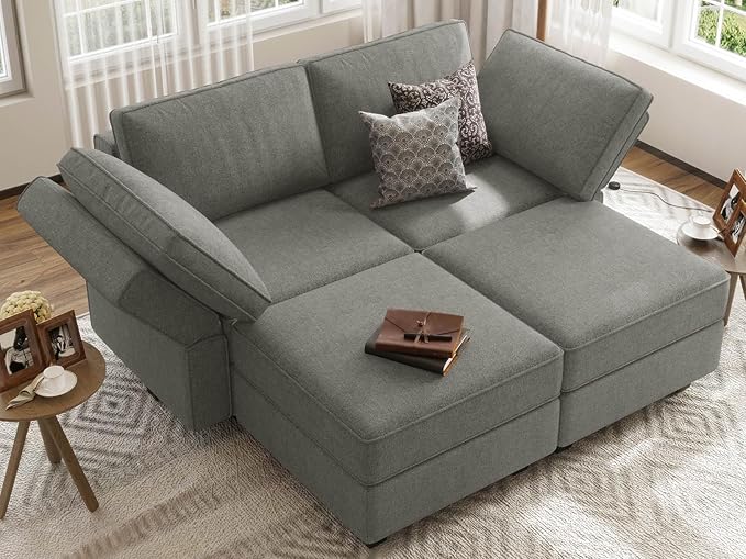 Bellfin Modular Sectional Sleeper Sofa Convertible Sofas with Storage Ottomans Small Sectional Couches for Living Room. Light Grey Couch